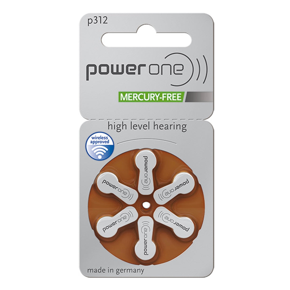 6 x Power One Hörgerätebatterien Grösse 312 / Braun